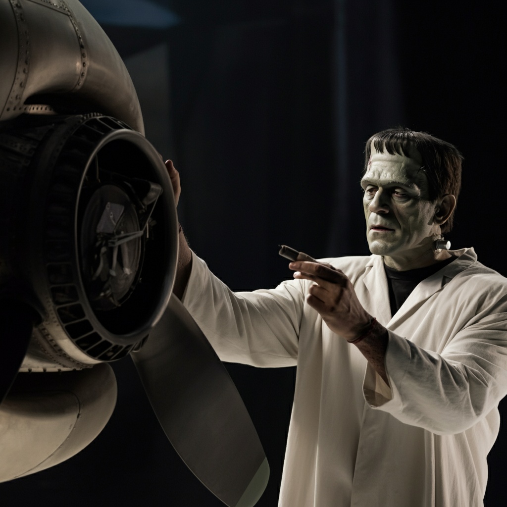 Frankenstein’s monster in a white coat inspecting an aircraft engine