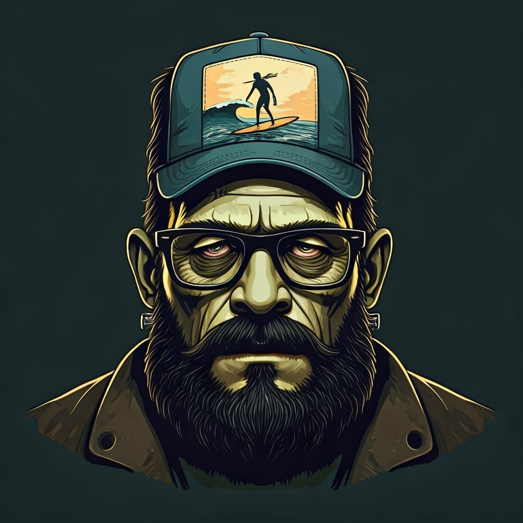 Illustration: Bjoern Franke as a bearded Frankenstein monster wearing a surfer cap